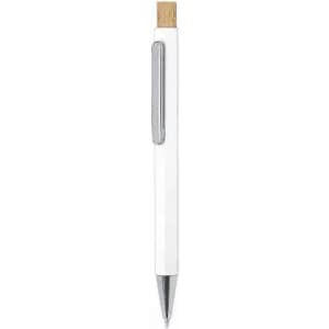 A pen with a white barrel and a wooden top, featuring a silver clip and tip.