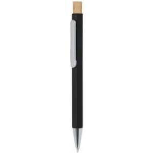 A black pen with a wooden accent and a silver clip, featuring a sleek design.