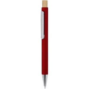 A red pen with a bamboo top and a silver clip, featuring a sleek, modern design.