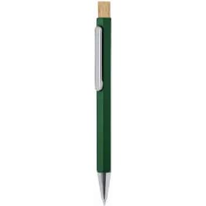 A green pen with a wooden top and silver clip, featuring a sleek design and a metal nib.