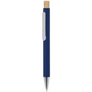 A pen with a navy blue barrel, silver clip, and wooden top. It features a sleek design for writing.