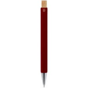 A pen with a deep red body and a wooden top, featuring a silver pen tip and a logo.