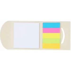 A stationery set featuring a notepad and four coloured sticky notes in pink, blue, yellow, and green, in a beige holder.