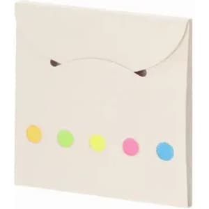 A cream envelope with a flap closure, featuring five coloured dots in pink, yellow, blue, green, and orange on the front.