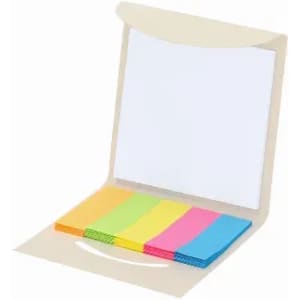 A folder with a white cover opens to reveal assorted sticky notes in vibrant colours: pink, green, yellow, and blue.