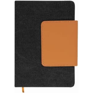 A notebook with a textured black cover and a brown leatherette clasp, featuring a ribbon bookmark.