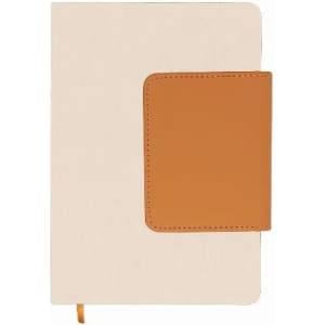 A notebook with a cream cover and a tan leather clip, featuring a ribbon bookmark.
