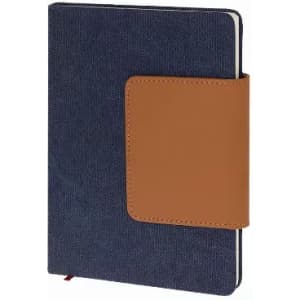 A notebook with a navy blue fabric cover and a brown leather-like clasp. Features a plain interior.