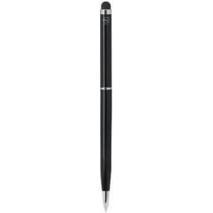 A black pen with a metallic finish and a stylus tip at one end. It features a logo on the barrel.