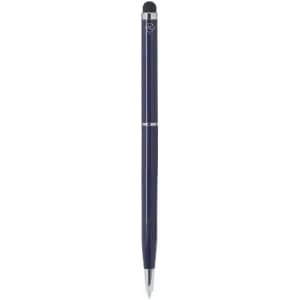 A pen with a sleek navy blue body and a silver accent, featuring a touchscreen stylus at one end.