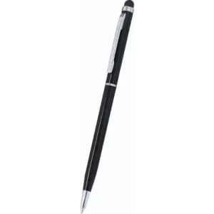 A black pen with a silver clip and tip, featuring a smooth design and a stylus on the end.