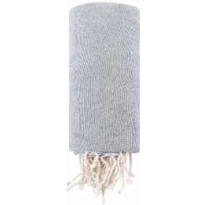 A grey knitted scarf with fringed ends, neatly rolled. It has a soft texture and a simple design.