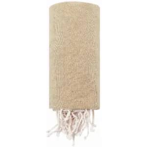 A beige throw blanket with fringed edges, neatly rolled up. The material appears soft and textured.