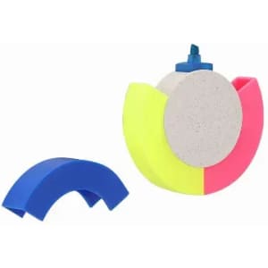 A promotional product featuring a circular shape in pink, yellow, and blue, with a central knob and a separate blue piece.