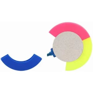 A colourful promotional product featuring segments in blue, pink, and yellow, with a central circular section.