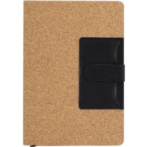 A notebook with a cork cover and a black band for closure, featuring a simple design and no visible branding.
