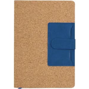 A cork notebook with a blue flap closure, featuring a smooth surface and a sleek design.