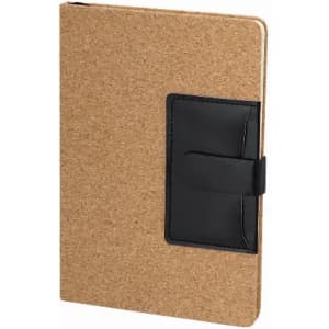 A cork-covered notebook with a black elastic strap and pocket. The design features a natural aesthetic.