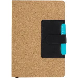 A notebook with a cork cover and a black clasp. It has a turquoise pen holder attached on the front.