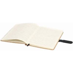 An open notebook featuring lined pages and a black ribbon bookmark. The cover is a light brown colour.