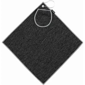 A dark grey towel with a small pocket and a loop for hanging. It has a simple, clean design.