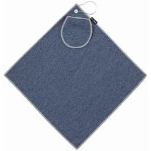 A grey kitchen towel with a hanging loop, featuring a simple design and contrasting border.