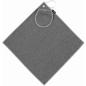 A grey felt cloth with a pocket at one corner and a loop for hanging.