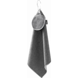A grey fabric hanging towel with a circular loop for easy storage.