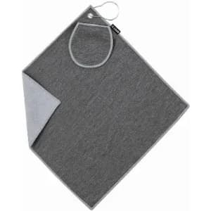 A grey cloth with a grey pocket attached and a hanging loop, featuring a tag.