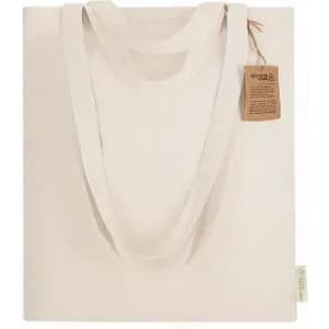 A cream-coloured tote bag with dual handles and a tag attached, featuring a simple design.