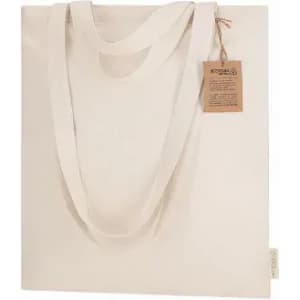 A tote bag in a natural beige colour with two handles and a tag attached. It features a simple, minimalist design.