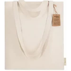 A beige tote bag with two handles, featuring a tag attached. The bag has a simple and minimalistic design.