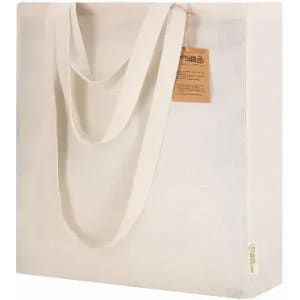 A tote bag in a natural off-white colour with long handles and a hang tag. It features a subtle branding label.