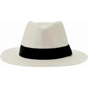 A white fedora hat with a black ribbon band. The hat has a wide brim and a textured design.