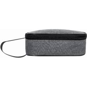 A grey zippered pouch with a black accent and a carrying handle. It features a simple, sleek design.
