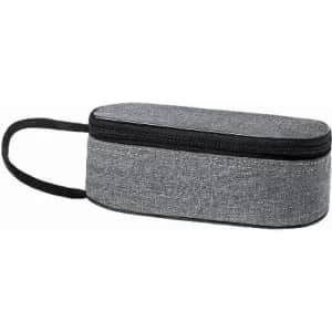 A grey zippered pencil case with a textured finish and a handle for easy carrying.