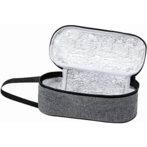 A grey insulated bag with a zippered opening and a silver interior, featuring a handle for carrying.