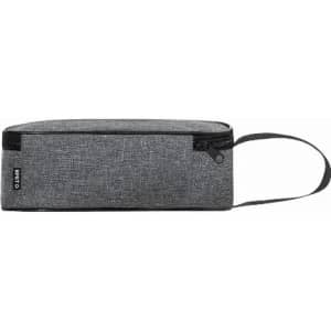 A grey pencil case with a zip closure and a handle, featuring a simple design. It has a logo on the side.