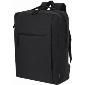A black backpack features a zippered front pocket and adjustable straps, designed for practicality and style.