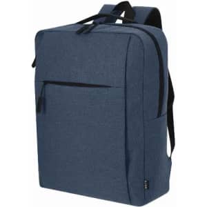 A backpack in navy blue with a front zip pocket and adjustable straps. It features a logo on the side.
