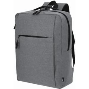 A grey backpack featuring a zippered front pocket and adjustable straps, with a simple, modern design.