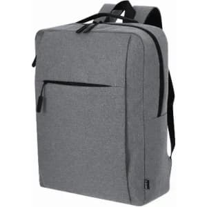 A grey backpack with a front pocket and adjustable straps, featuring a logo on the side.