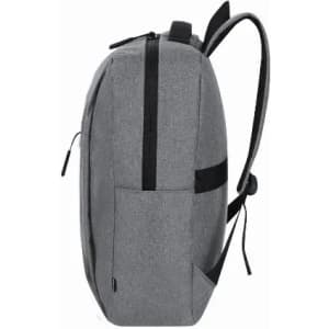 A grey backpack with a sleek design, featuring a front pocket and adjustable straps. It has a logo on the side.