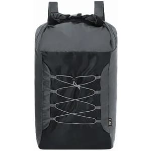 A backpack in black with a cinch closure and grey elastic straps on the front. It features two shoulder straps.