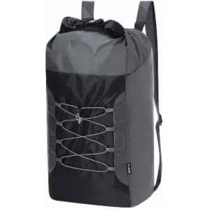 A backpack in shades of grey featuring a drawstring closure and elastic bungee cords on the front.