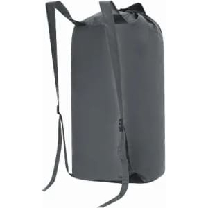 A grey waterproof backpack with adjustable straps and a roll-top closure, featuring a simple design and logo.
