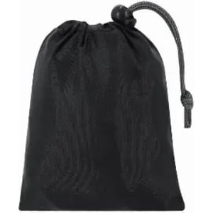 A drawstring pouch in black with a cord closure, featuring a textured surface and a simple design.