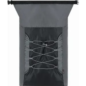 A grey and black backpack with a drawstring closure and elastic lacing on the front. It features a logo.