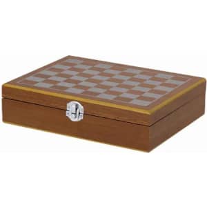 A wooden chess box with a checkered lid design, featuring a metal clasp. The box is brown with grey accents.