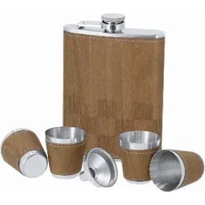 A drink bottle set featuring a stainless steel flask with a brown leather cover and four matching shot cups.